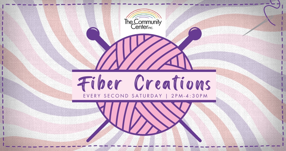 Fiber Creations graphic with yarn ball, knitting needles on swirly background