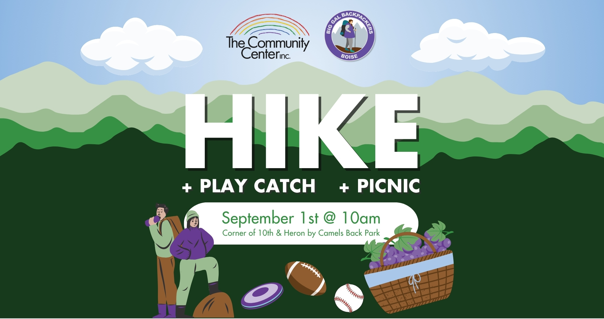 BGB Hike, play catch, picnic September 1 at 10am. Corner of 10th and Heron by Camels Back Park