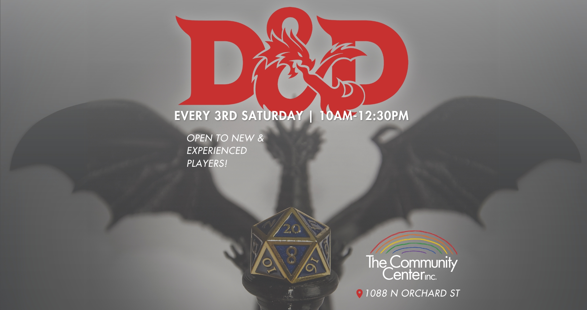 D&D event flyer featuring a grey dragon and D20 on light grey background