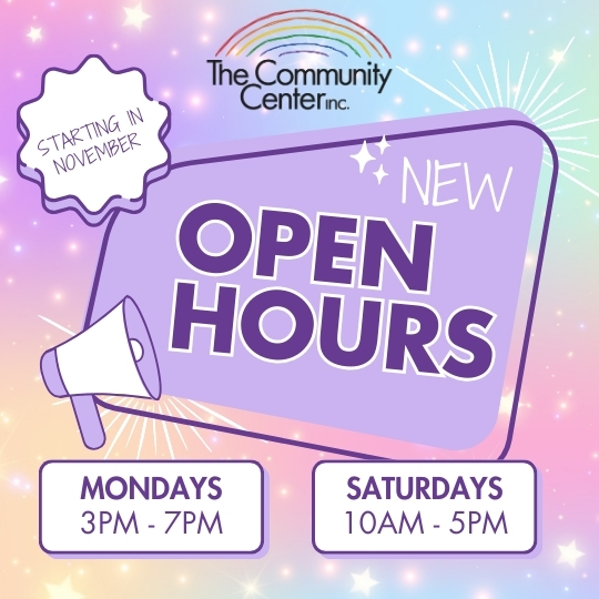 TCC new open hours flyer: Mondays 3 to 7pm, Saturdays 10am to 5pm