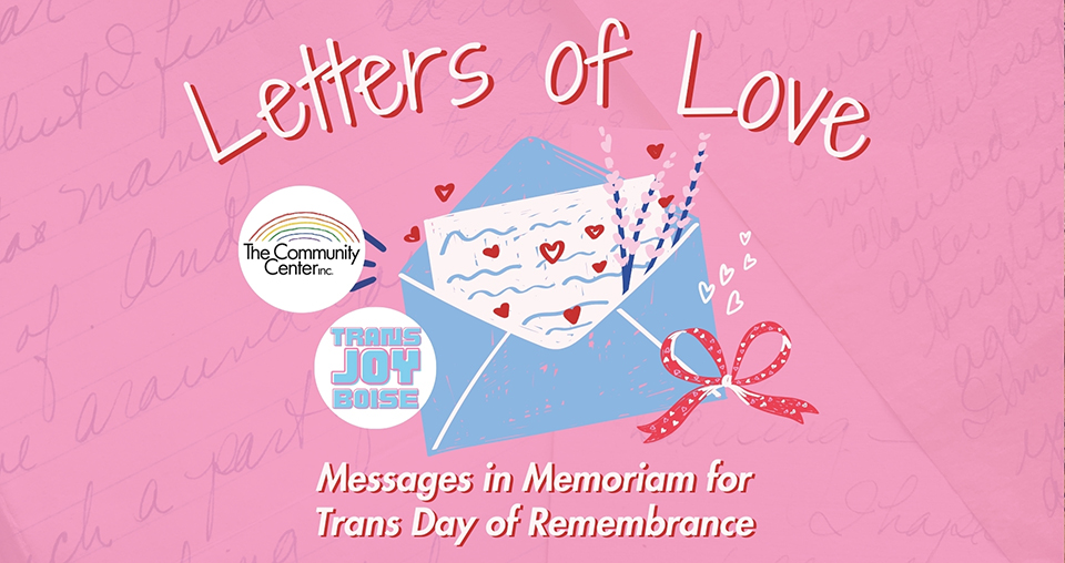 Letters of Love flyer with a blue envelope and letter on pink background