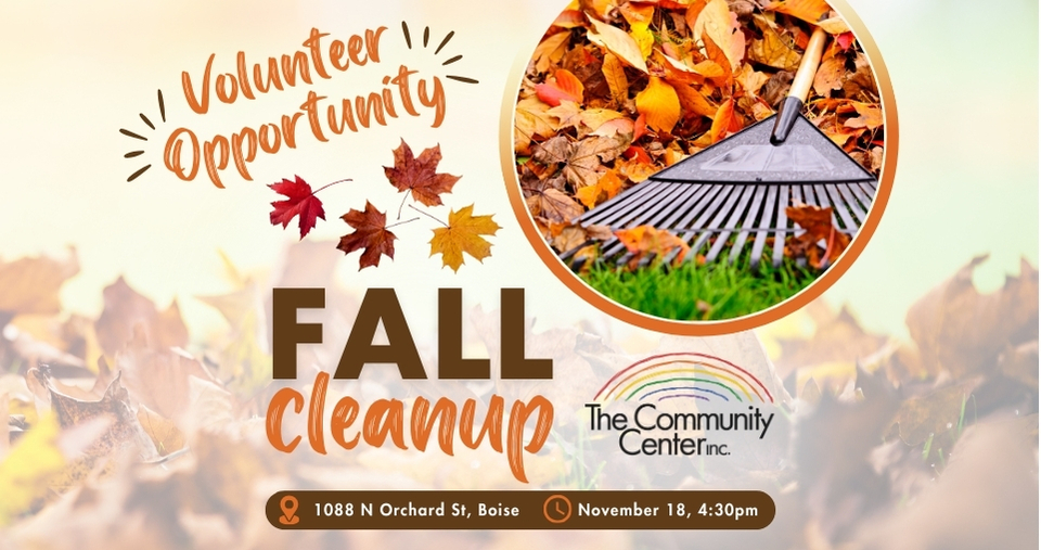 Fall Cleanup volunteer opportunity promotional image with fall leaves and a rake