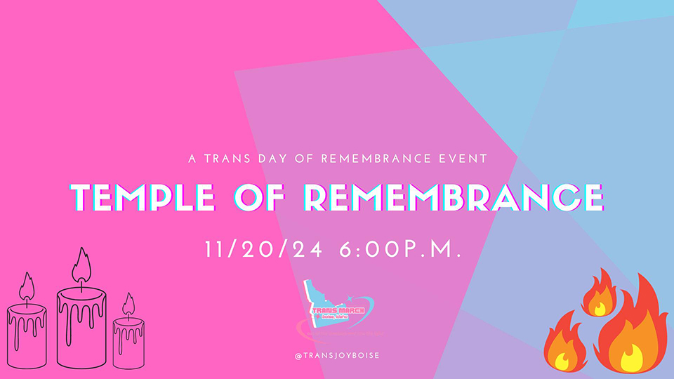 Temple of Remembrance flyer with candles and flames on a pink and blue geometric background