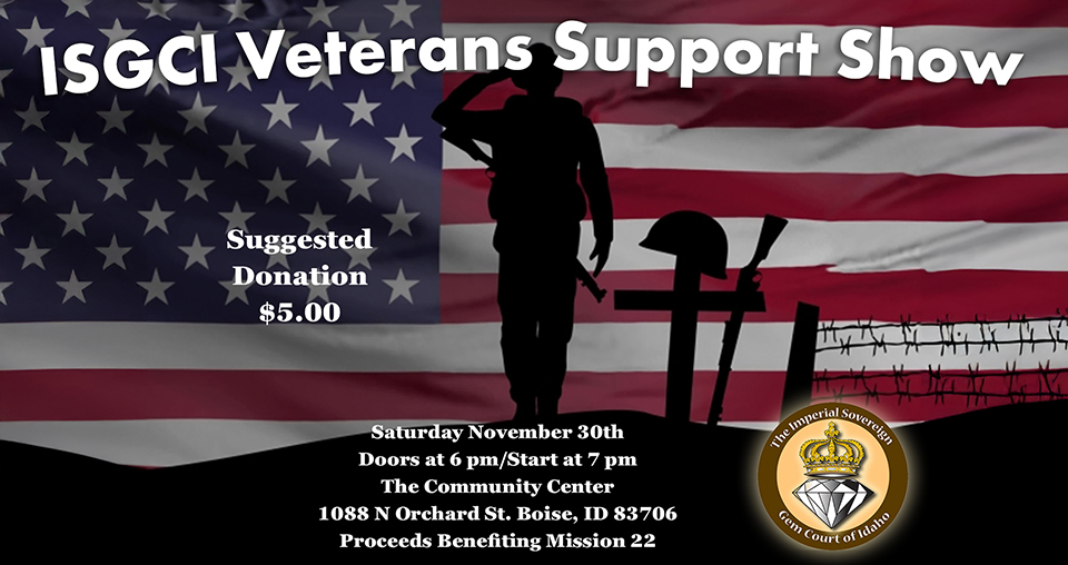 ISGCI Veterans Support Show flyer with a soldier silhouette on American flag background