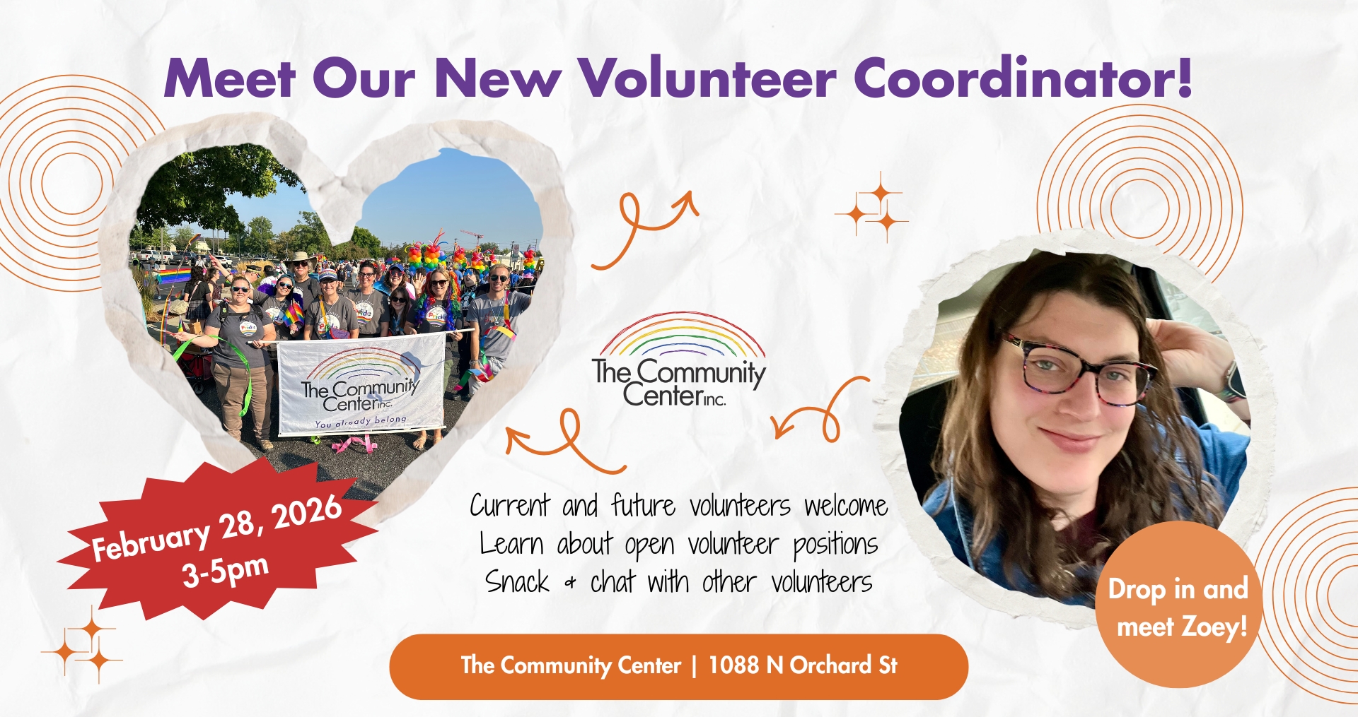 Photo of TCC volunteers at Boise Pride next to a photo of Zoey, our new volunteer coordinator, advertising an event for February 28