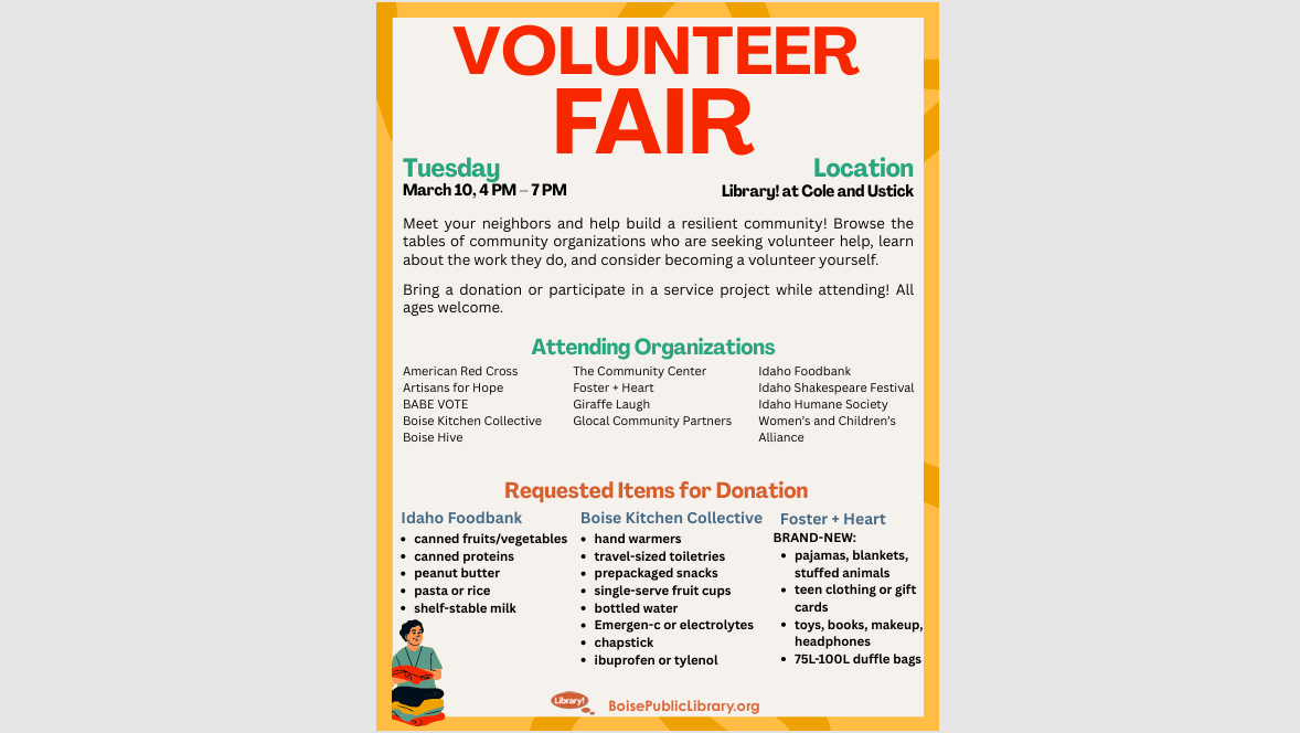 Volunteer Fair flyer with details about attending organizations and requested items for donation