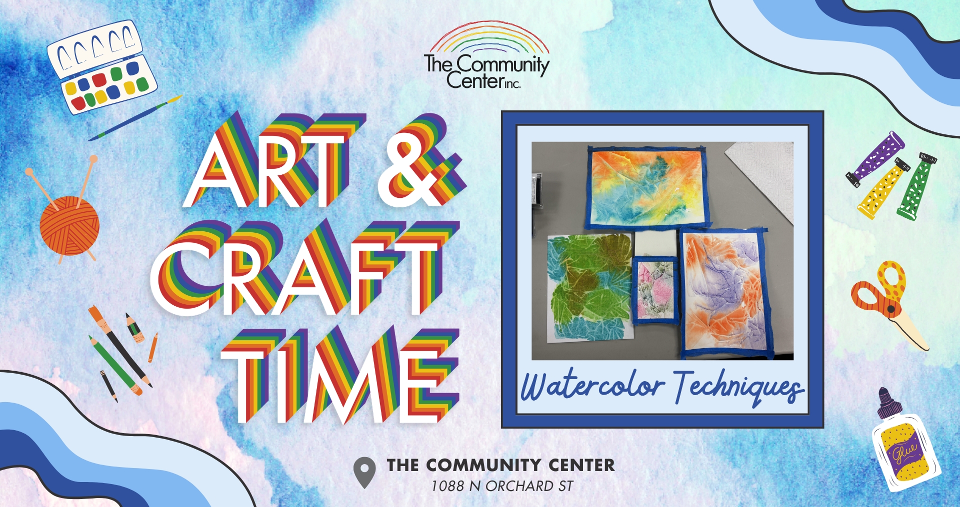 Art & Craft time flyer with the featured art project: watercolor techniques