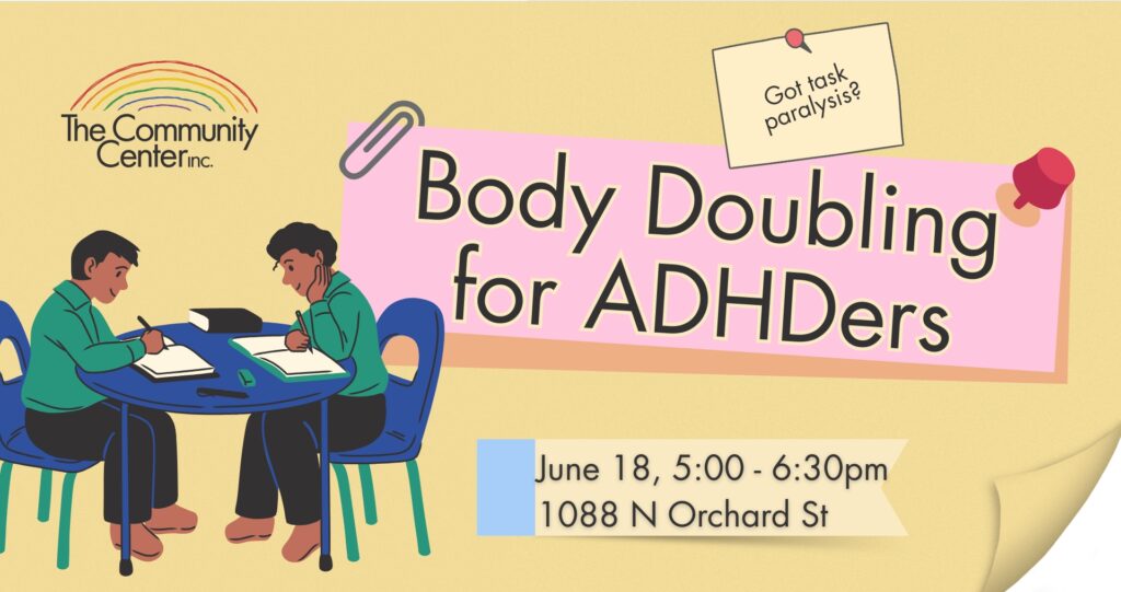 Body Doubling for ADHDers event flyer with image of two people sitting at a table working together.