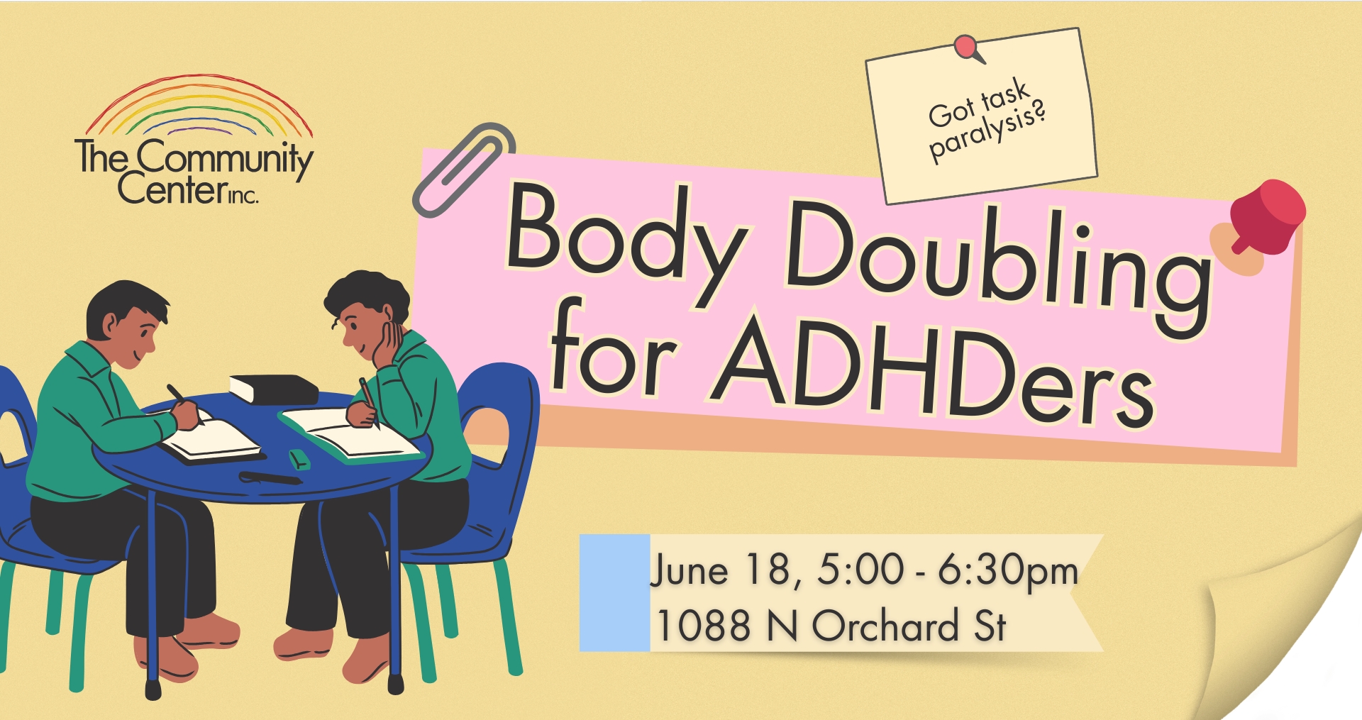 Body Doubling for ADHDers event flyer with image of two people sitting at a table working together.