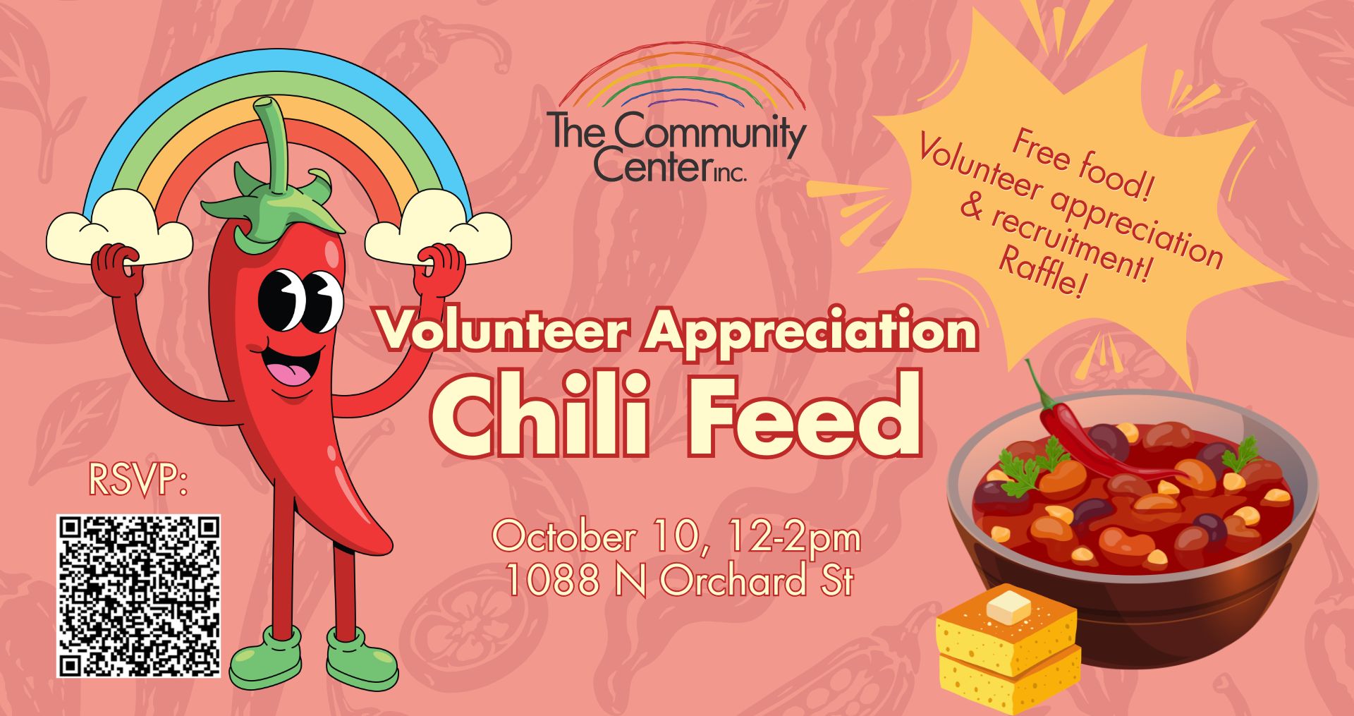 Flyer for the volunteer appreciation chili feed with a smiling chili pepper holding a rainbow, a bowl of chili, and the QR code to register